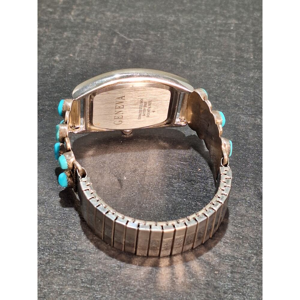 Sterling Silver Turquoise Watch Cuff w/ Geneva Quartz Watch Southwestern Runs! - Picture 7 of 11